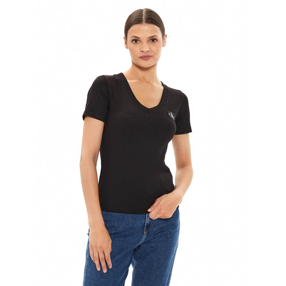 חולצת טישרט קלווין קליין קצרה Woven Label Rib Vneck נשים